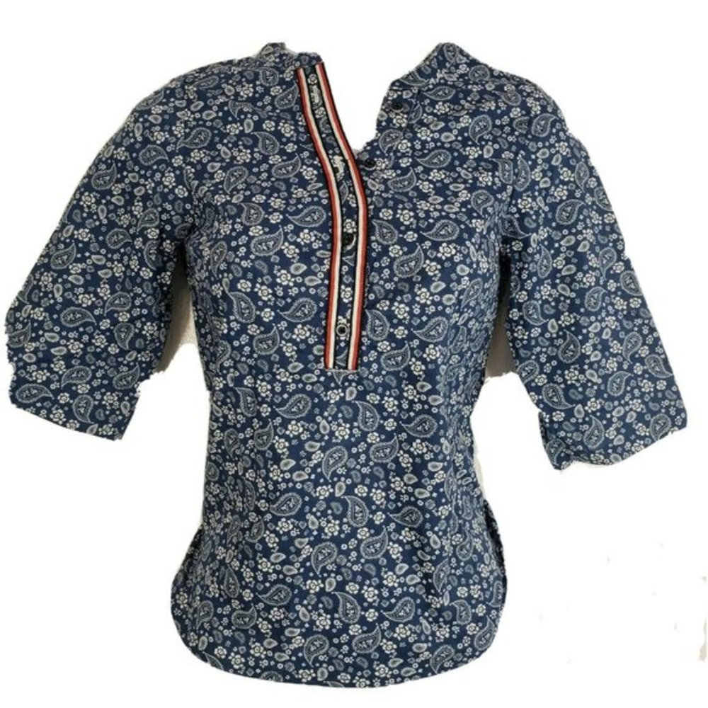Tommy Hilfiger Womens top XS Petite V Neck Blue‎ Paisley Blouse